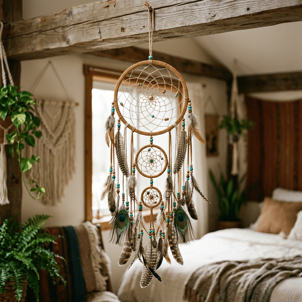 Dreamcatcher with feathers and beads hanging in a bedroom