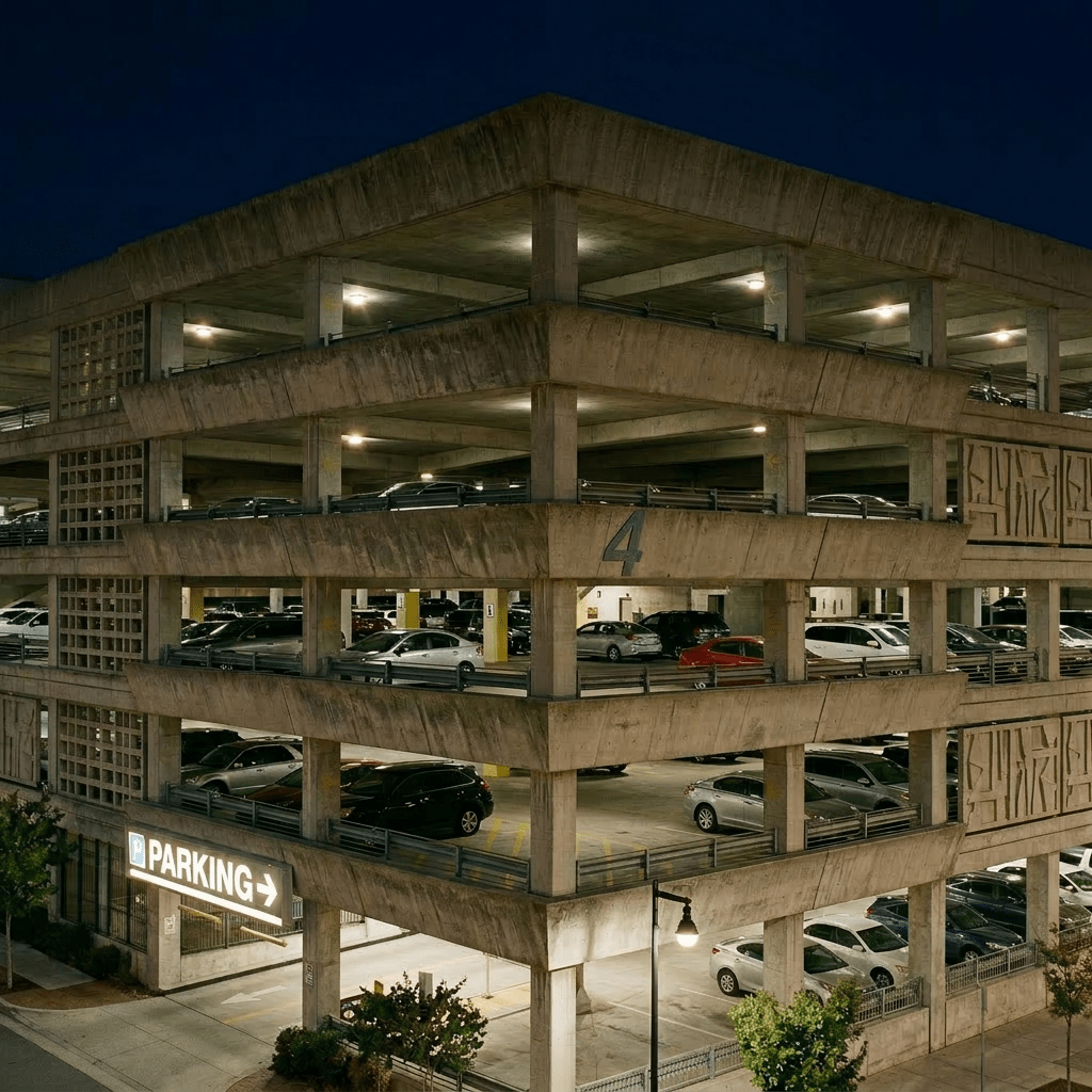 Concrete parking garage with multiple levels and parked cars