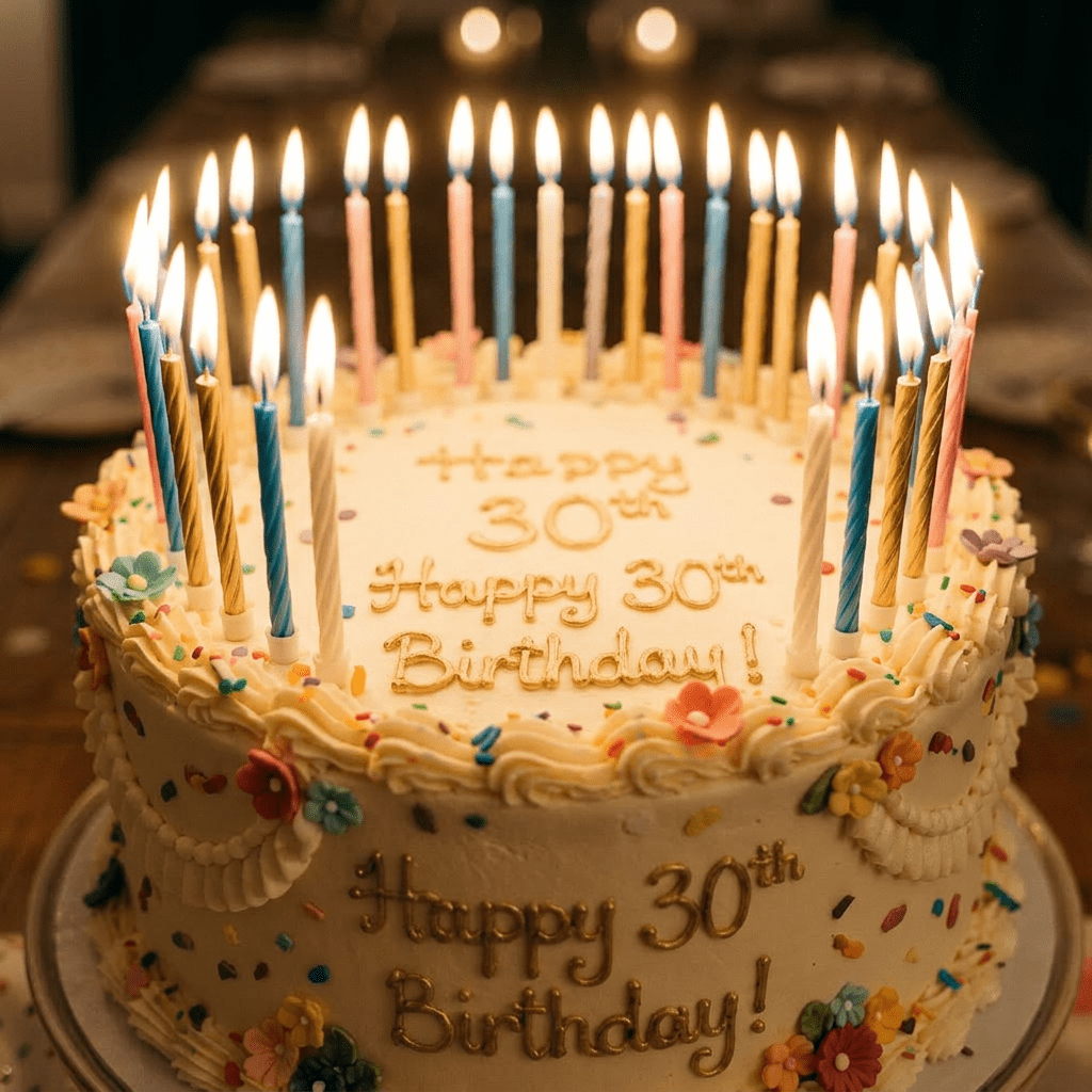 Decorated birthday cake with lit candles and 30th birthday message surrounded by friends