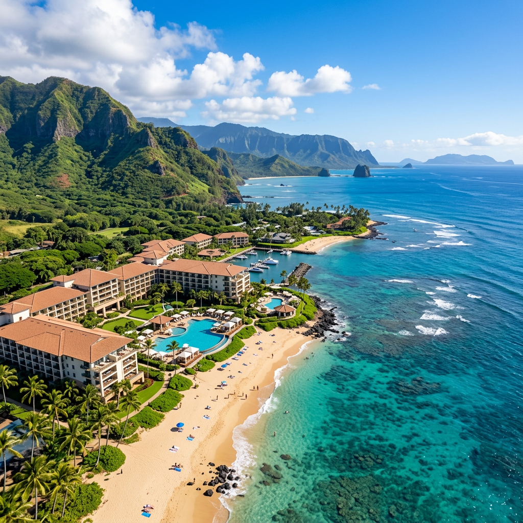 Beachfront resort with swimming pools, sandy beach, palm trees, and mountains