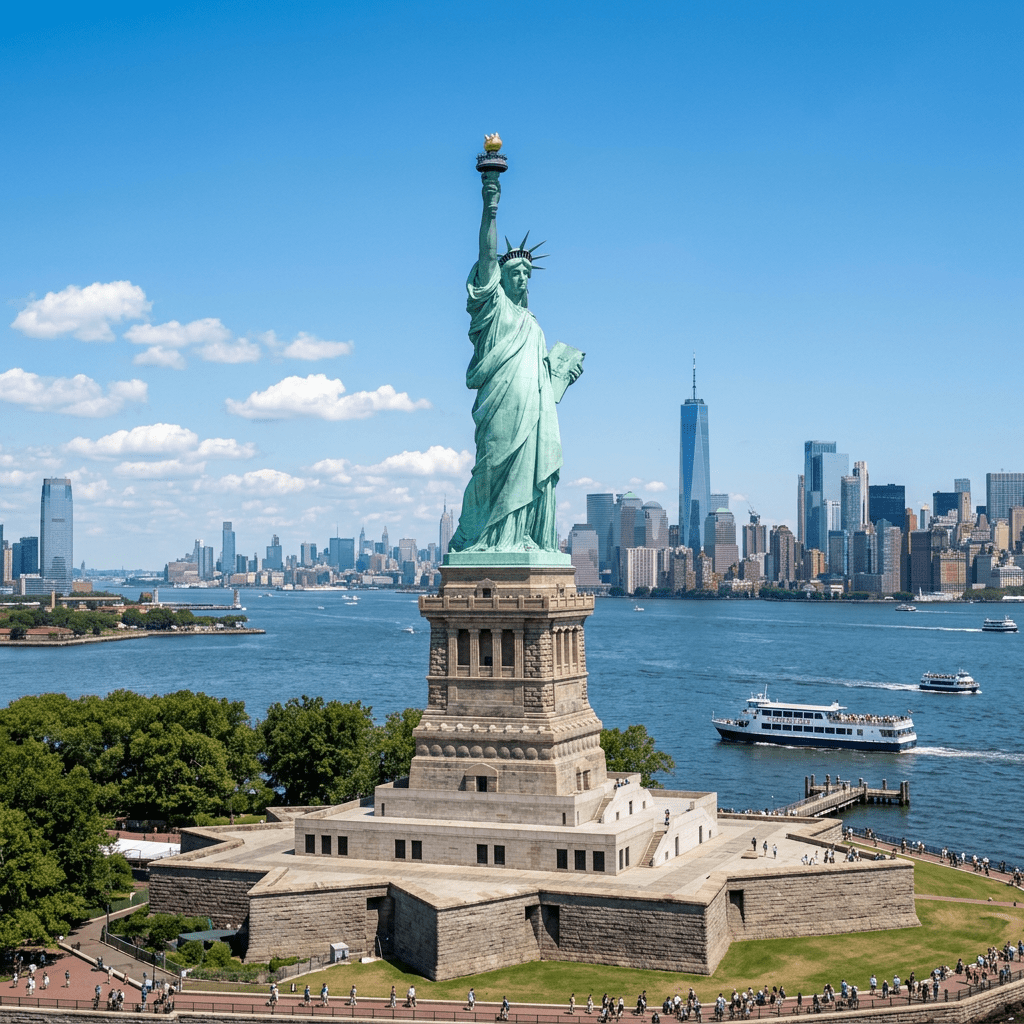 Statue of Liberty facing New York City skyline with boats on the water