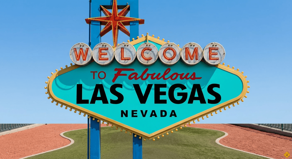 Las Vegas Strip with Welcome sign, Eiffel Tower replica, Flamingo, and Caesars Palace